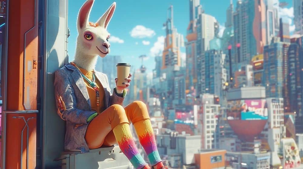 llamas in blazers and rainbow socks, drinking coffee of course