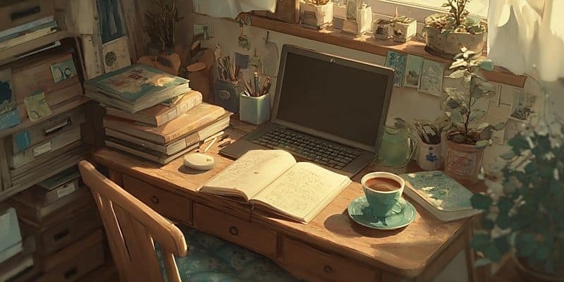 writer's desk with a closed laptop, an open notebook, and cup of coffee